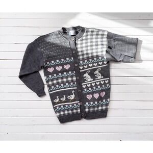 Needles Up vtg gray‎ pink duck goose bunny rabbit hearts cardigan sweater